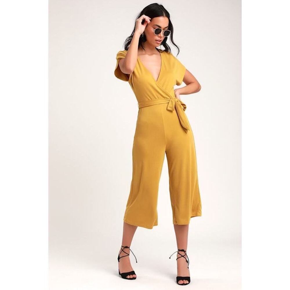 Lulus Weekend-worthy Mustard Yellow Surplice Culotte Jumpsuit - Size S